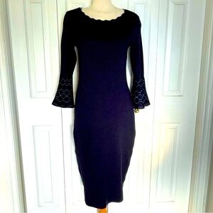 Knit navy blue dress with beautiful scalloped hems and bell sleeves size medium